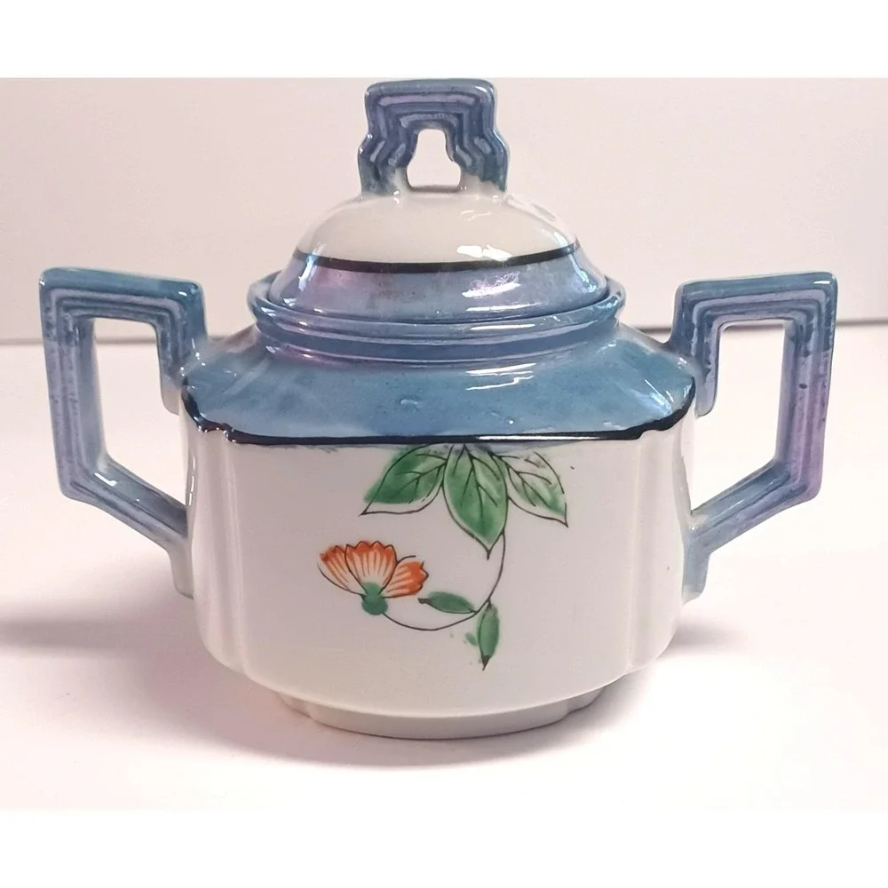 Vintage Japanese Lusterware Covered Sugar Bowl Hand Painted Orange Floral Blue